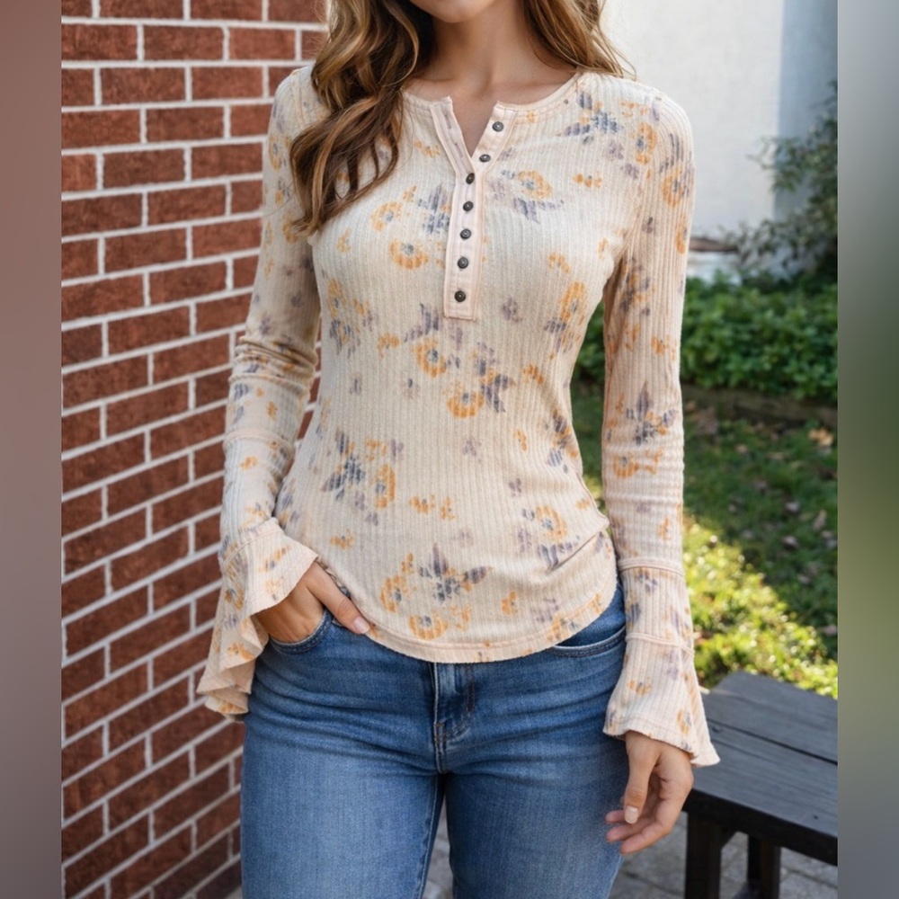 Free People Later Me Henley Peach Boho Floral Bell Sleeve Women Size Medium